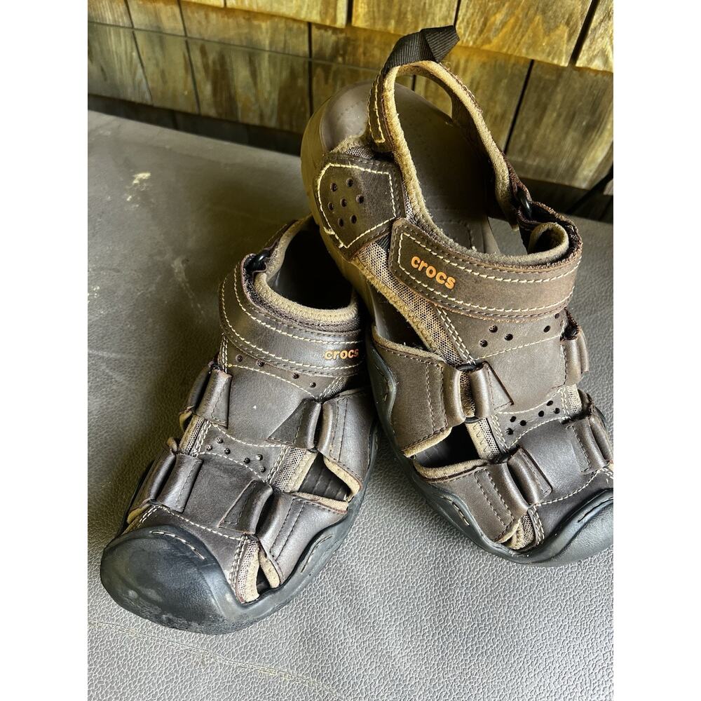 Crocs Swiftwater Mens Size 10 M10 Brown Leather Outdoor Fisherman Sandals 204562 - Picture 11 of 11